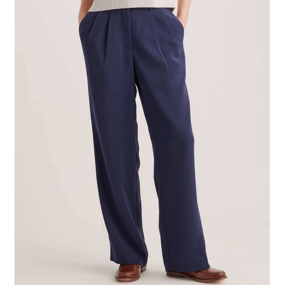 Quince Navy Stretch Crepe Pleated Wide Leg Pants Trouser Size 8